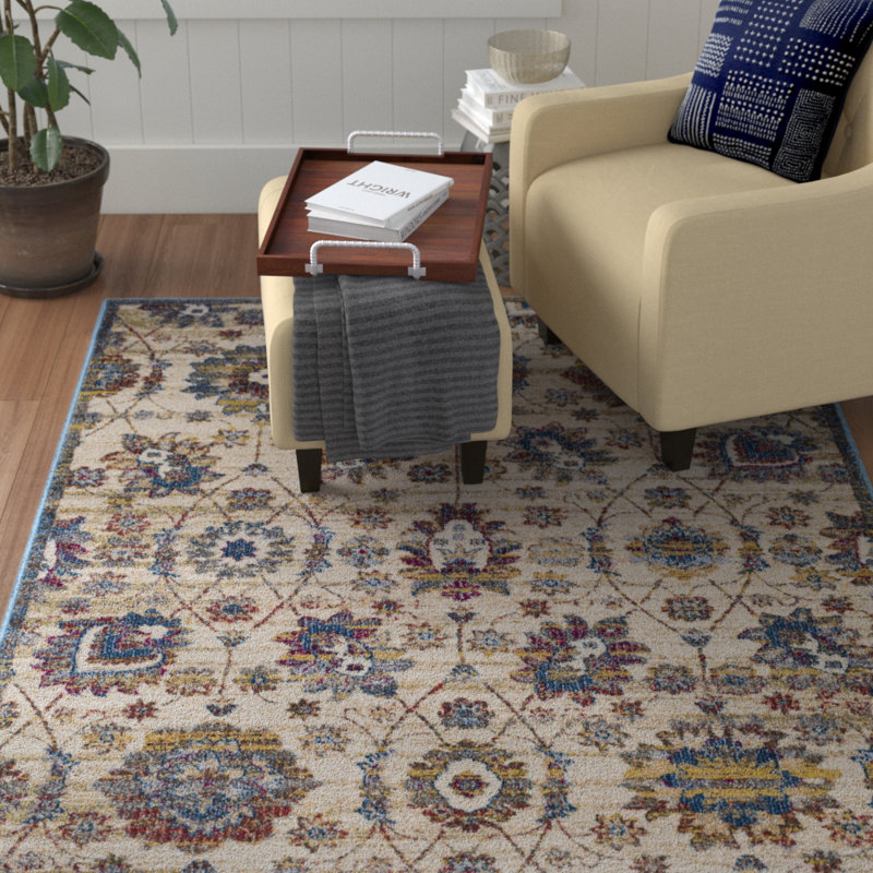 Winston Porter Alton Traditional Floral Sky Blue Khaki Area Rug