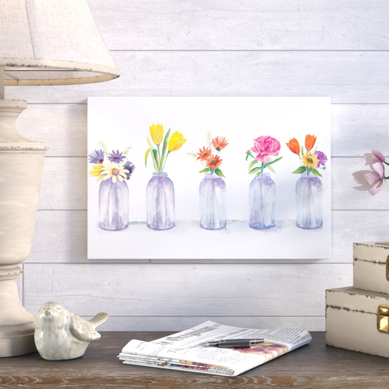 August Grove Painted Flowers In Glass Jars Watercolor Painting