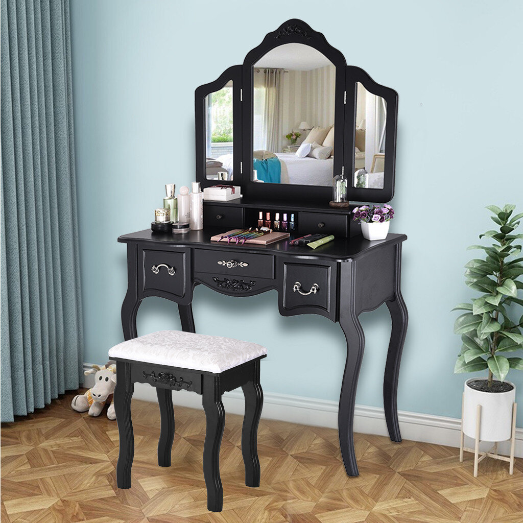 3 Folding Mirrors 5 Drawers Vanity Makeup Table Dressing Desk Set White US Stock for sale online