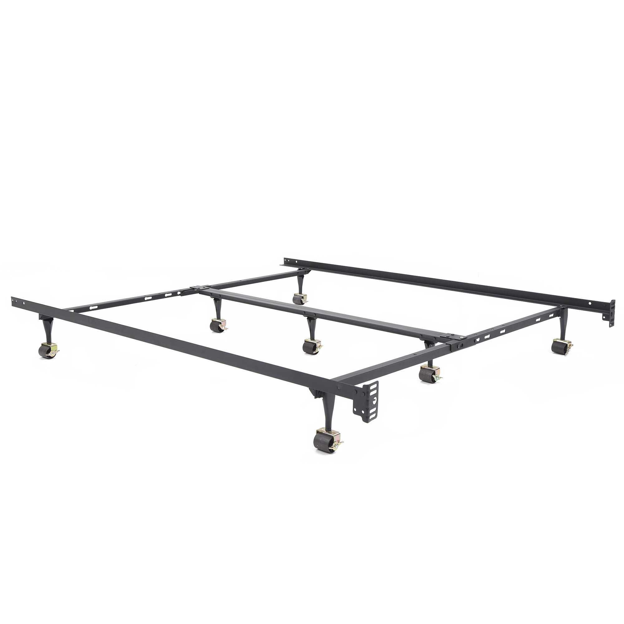 Caulkins Heavy Duty Adjustable Metal Bed Frame With Double Rail Center Bar And 7 Locking Rug Rollers