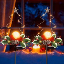 Christmas Tree Stakes Lawn Ornament Set of 2 Outdoor LED Solar Powered Candle Xmas Pathway Lights MAGGIFT Christmas Lighted Garden Decorations Light Up Decorative Metal Stake Yard Decor 