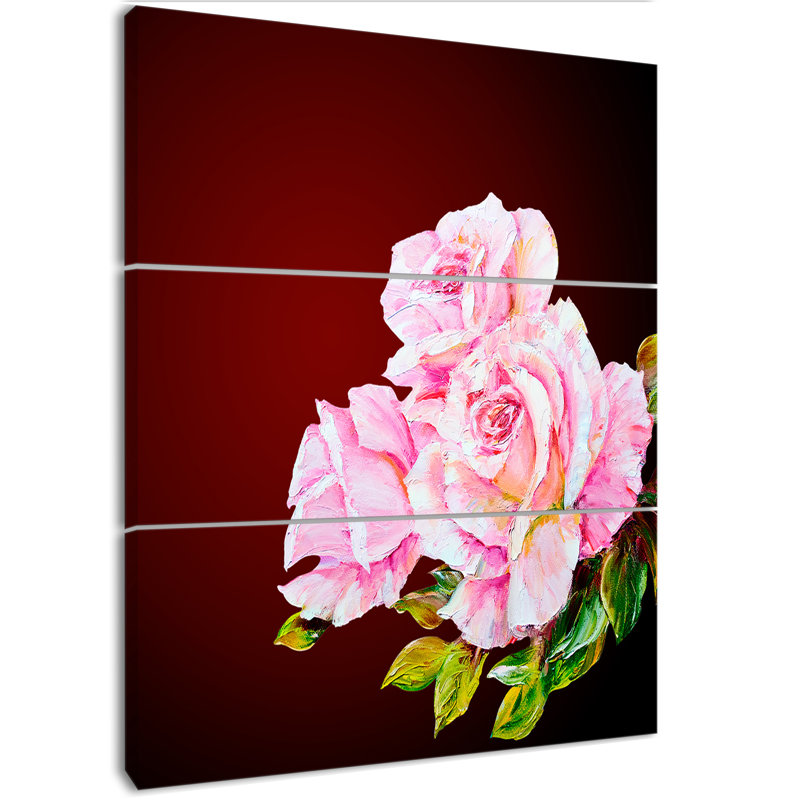 East Urban Home Pink Roses In Red Background Oil Painting Print