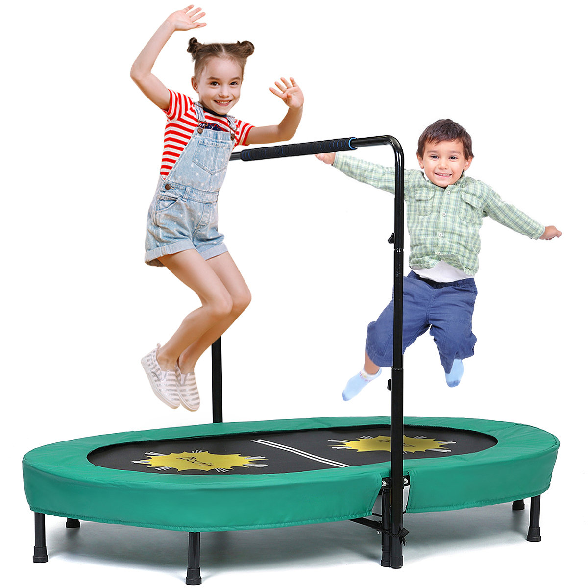 Indoor/Outdoor Foldable Trampoline for 2 Kids and Adults with Adjustable Handle 