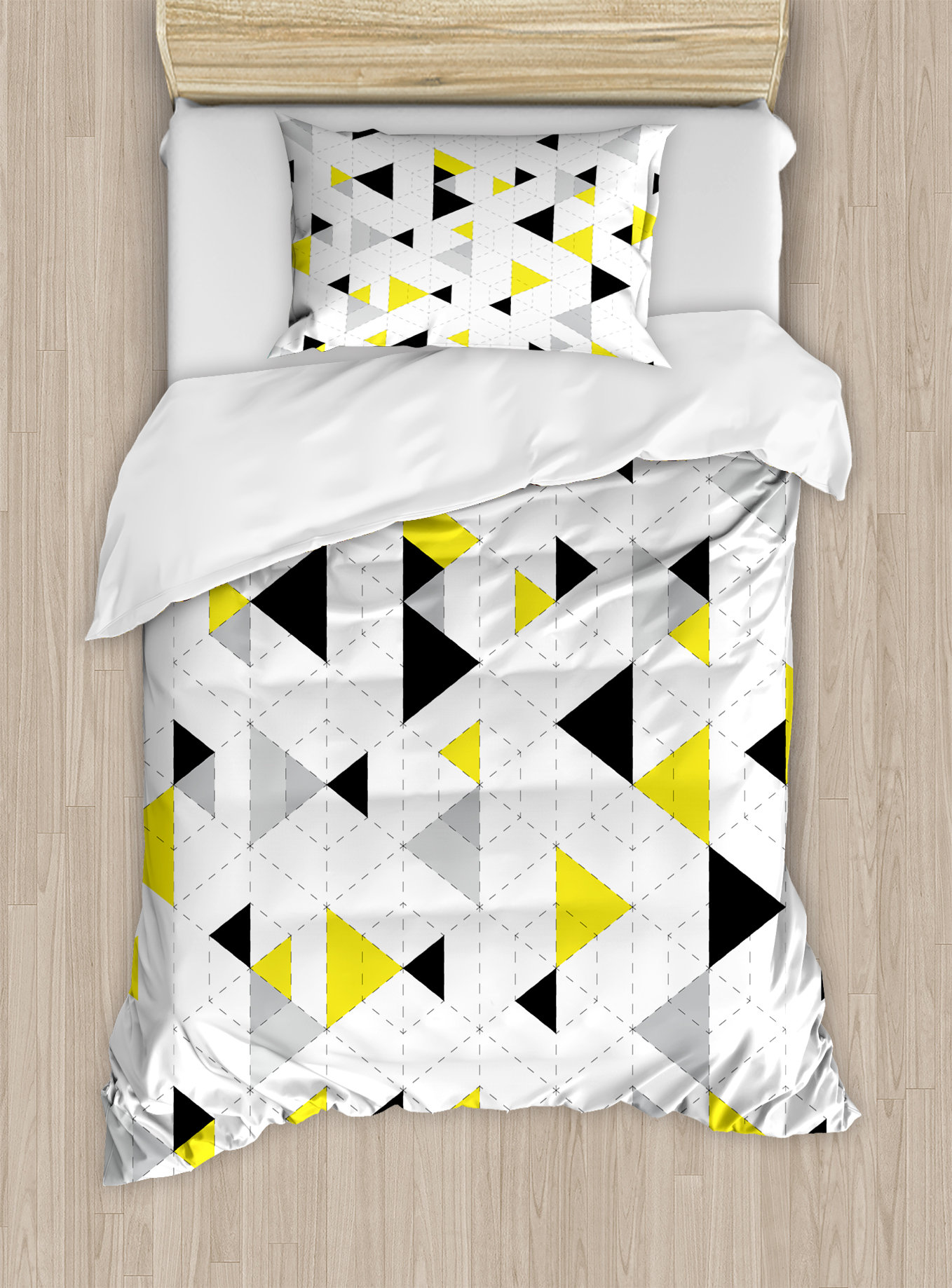 SHAPES GEOMETRIC SINGLE DUVET COVER SET REVERSIBLE TRIANGLES BLACK GREY WHITE