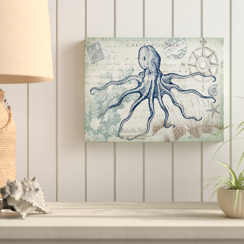 Breakwater Bay Seaside Postcard Octopus Graphic Art Print On Wrapped Canvas Wayfair