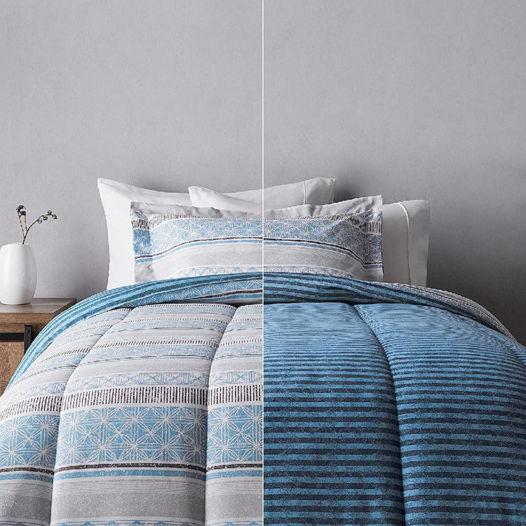 Basics Ultra-Soft Light-Weight Microfiber Reversible Comforter Bedding Set Full/Queen Blue Denim/Beige Stripes Basics Ultra-Soft Light-Weight Microfiber Reversible Comforter Bedding Set Full/Queen Blue Denim/Beige Stripes