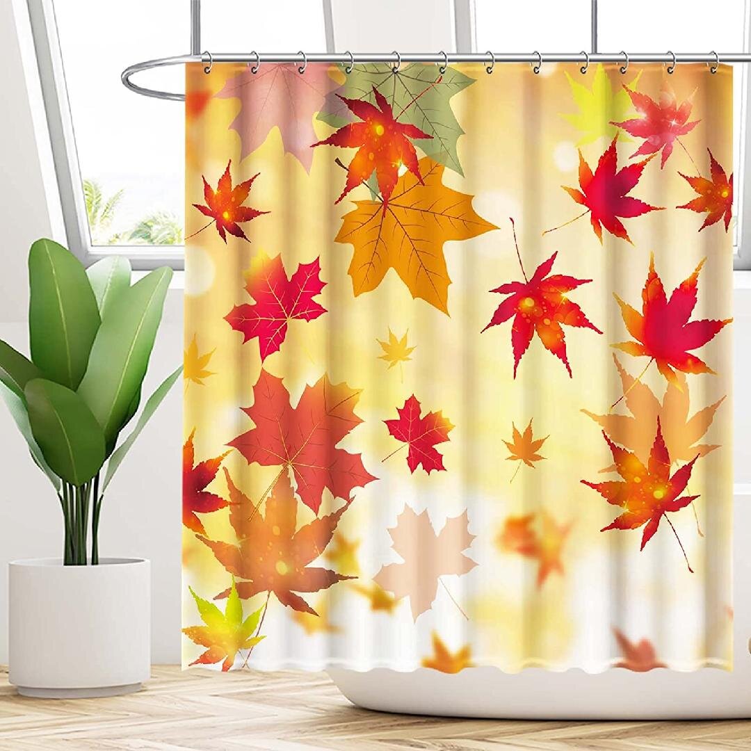Autumn Maple Leaves Farmhouse Pumpkins Waterproof Fabric Shower Curtain Set 72" 