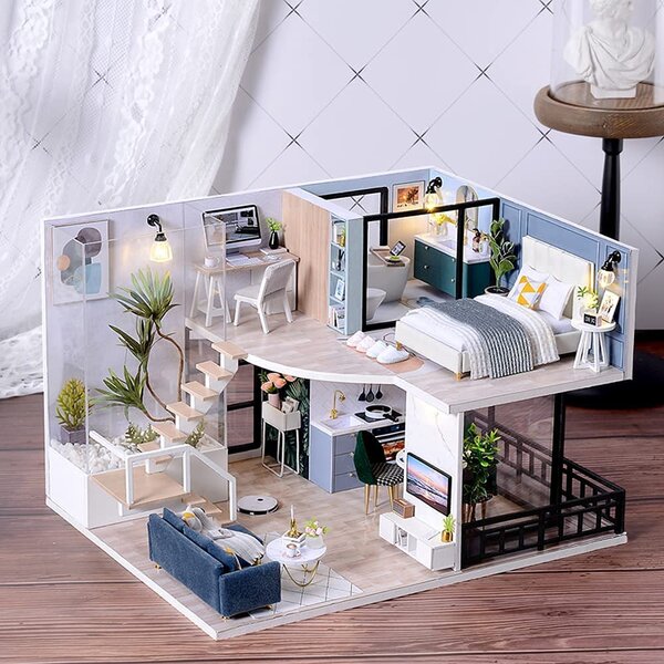 Doll Miniature Wooden House Studio Kit LED Light Furniture DIY Handcraft Toy