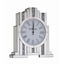 18cm Cube Design Mirror & Glitz Diamante Silver Table Mantel Clock 
