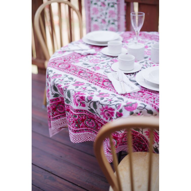 Pretty in Pink Block Print Square Cotton Tablecloth 60" x 60" Pink 