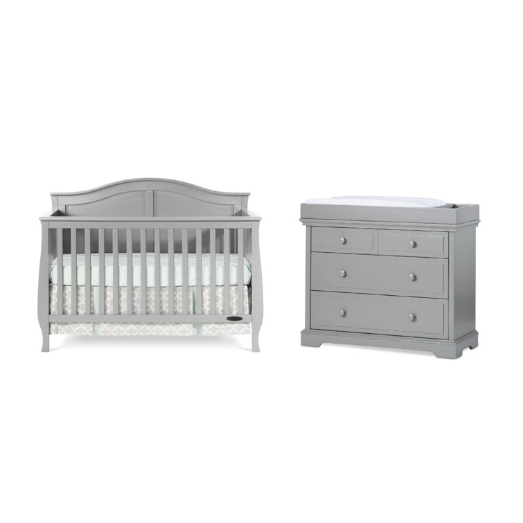 grey crib and changing table set