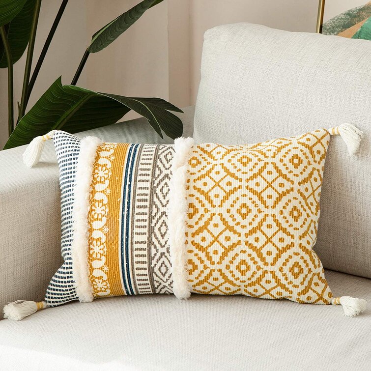 Woven Tufted Boho Cushion Cover with Tassels Lumbar Small Decorative Throw Pillow Covers for Couch Sofa Bedroom Living Room 12X20 inch, Blue Cute Farmhouse Pillows Case