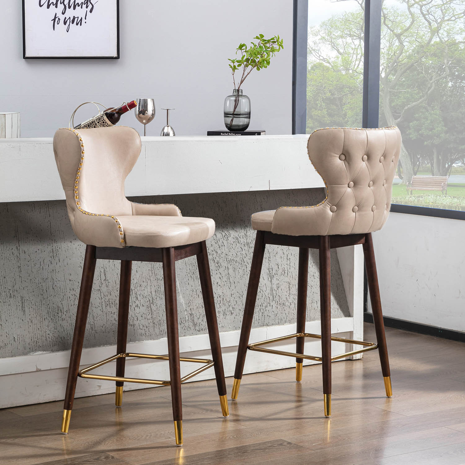 solid wood and leather bar stools