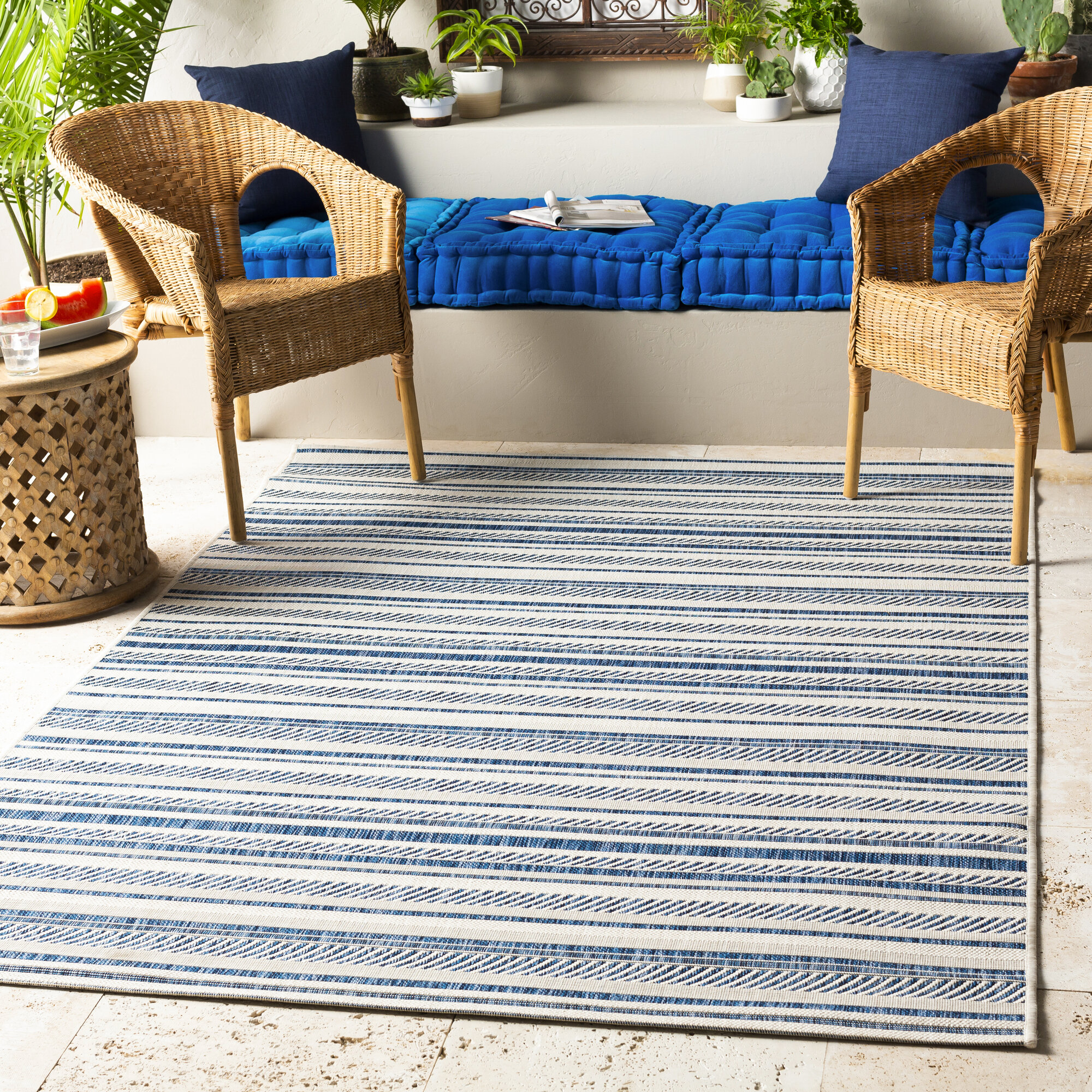 Beachcrest Home Bellino Striped Navy White Denim Indoor Outdoor Area Rug Reviews Wayfair