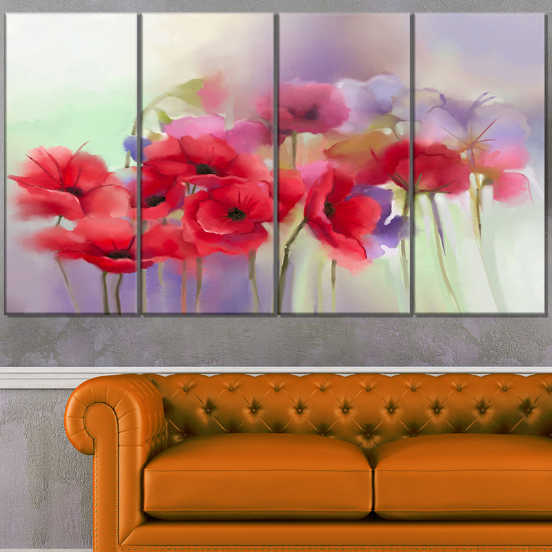 Designart Watercolor Red Poppy Flowers 4 Piece Painting Print On