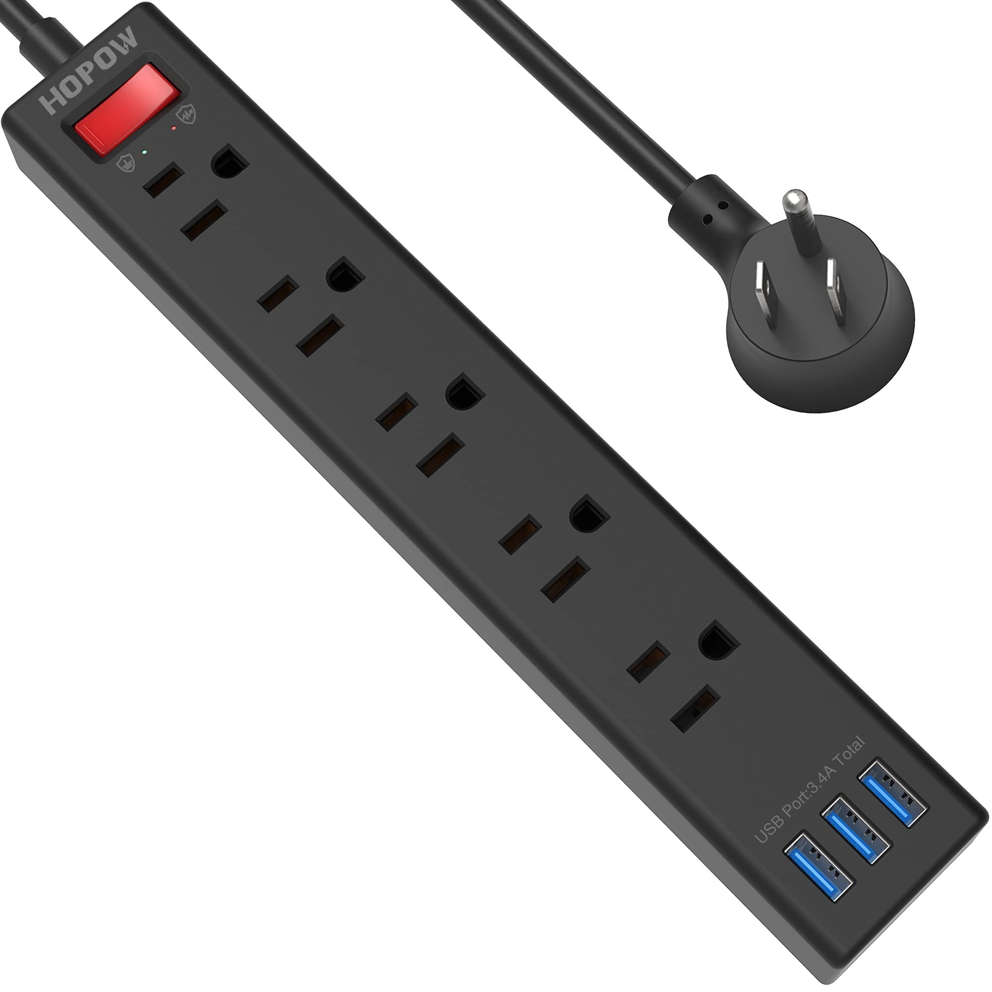 3 Widely Spaced Outlet 3 USB Port Power Strip with Switch Mounting Hole 5ft Cord 