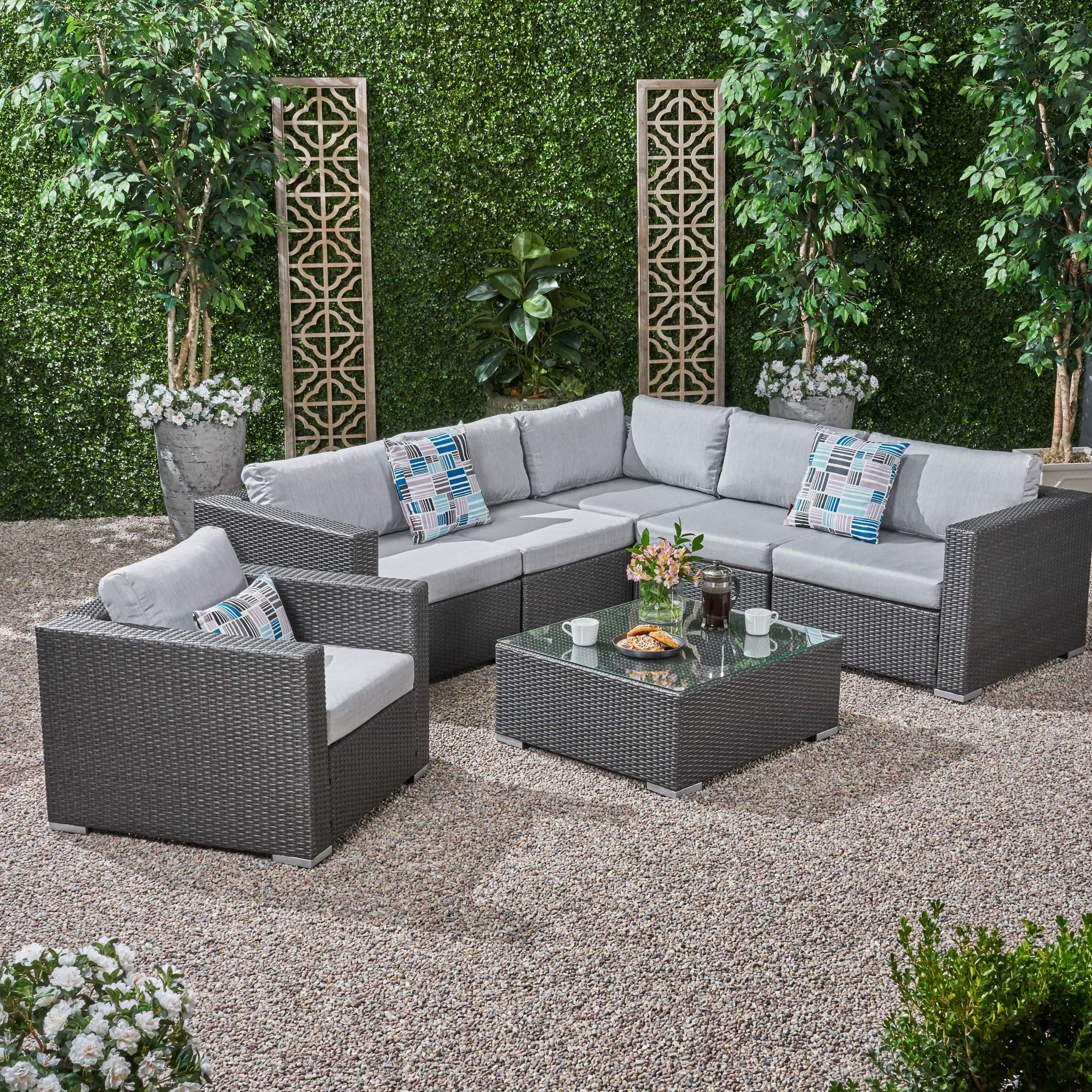 Brayden Studio Roxann Outdoor 6 Seater Wicker Sectional Sofa Set With Sunbrella Cushions Wayfair