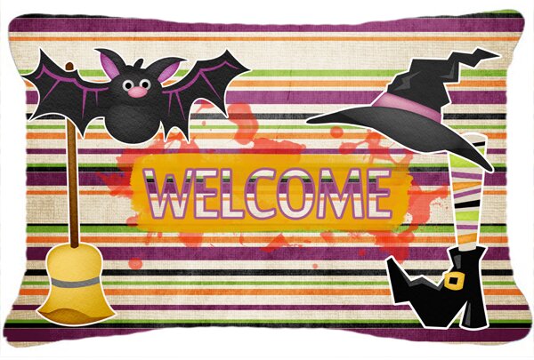 Witch Costume and Broom on Stripes Halloween Indoor/Outdoor Throw Pillow