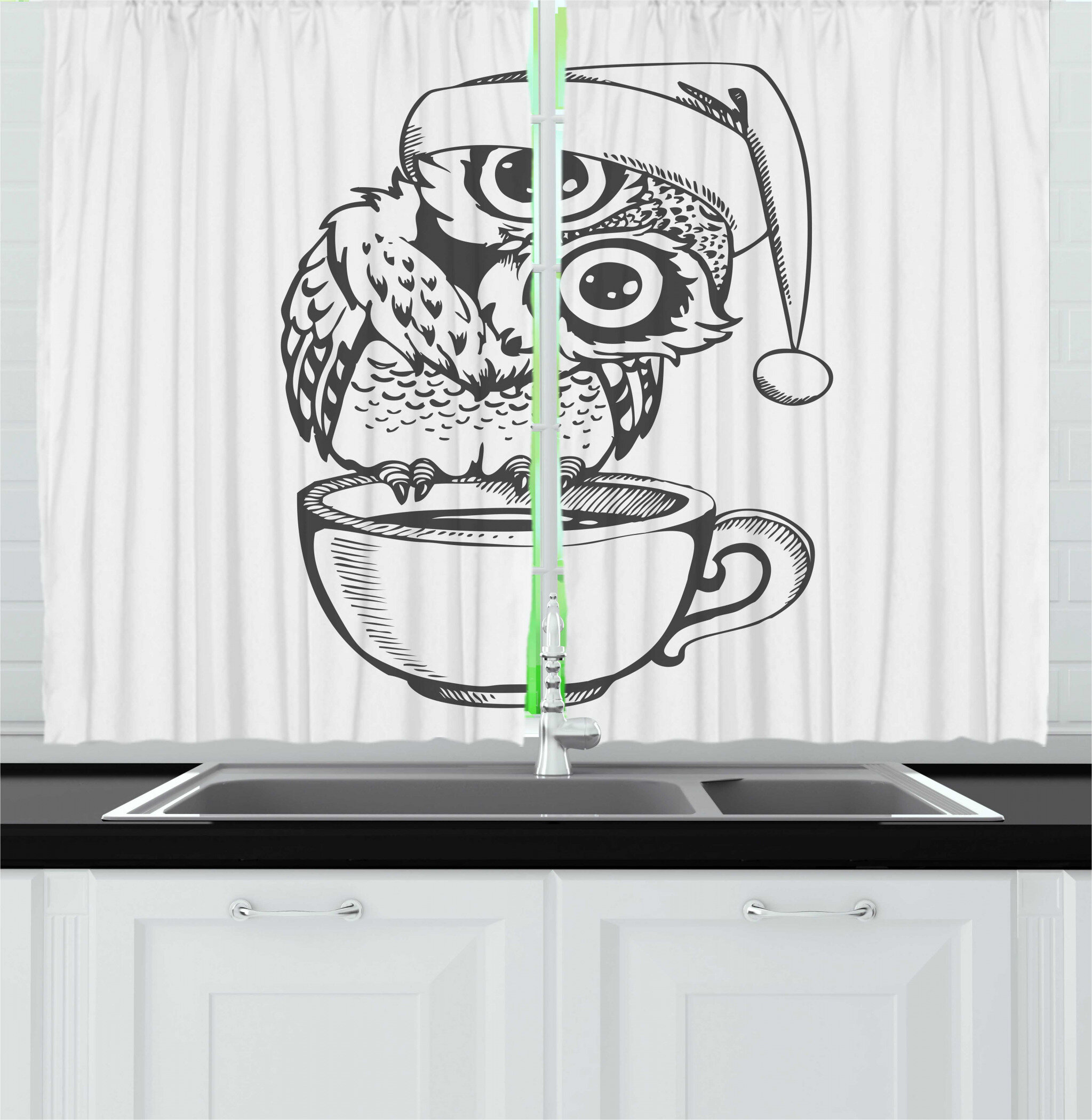 East Urban Home 2 Piece Owl Print Baby Bird With Santa Hat Sits On A Coffee Cup Morning Vibes Kitchen Curtain Set Wayfair