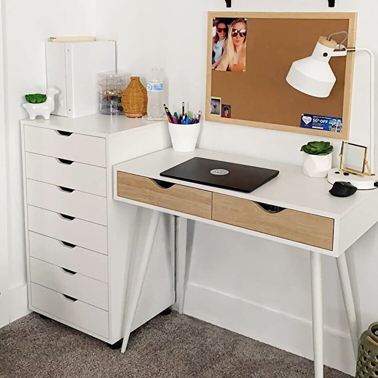 White&Natural Dressing Table Makeup Desk with 2 Drawers & Free Stool Set Bedroom