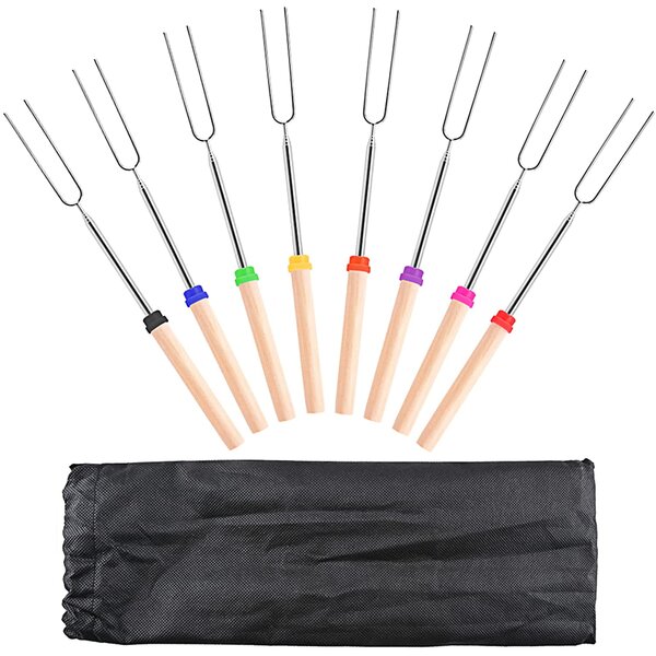 34 inch Extendable Rotating Stainless Steel Skewer Fork with Plastic Handle for Kids Camping Grill Campfire Firepit Garnen BBQ Marshmallow Roasting Smores Sticks with Pouch FDA Certified 8 Packs 