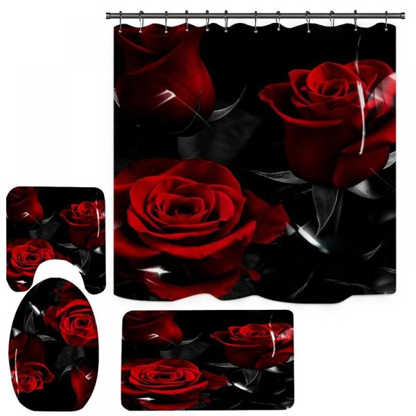 4 Pcs Red And Grey Black Leaves Shower Curtain Sets With Non-Slip Rug Toilet Li