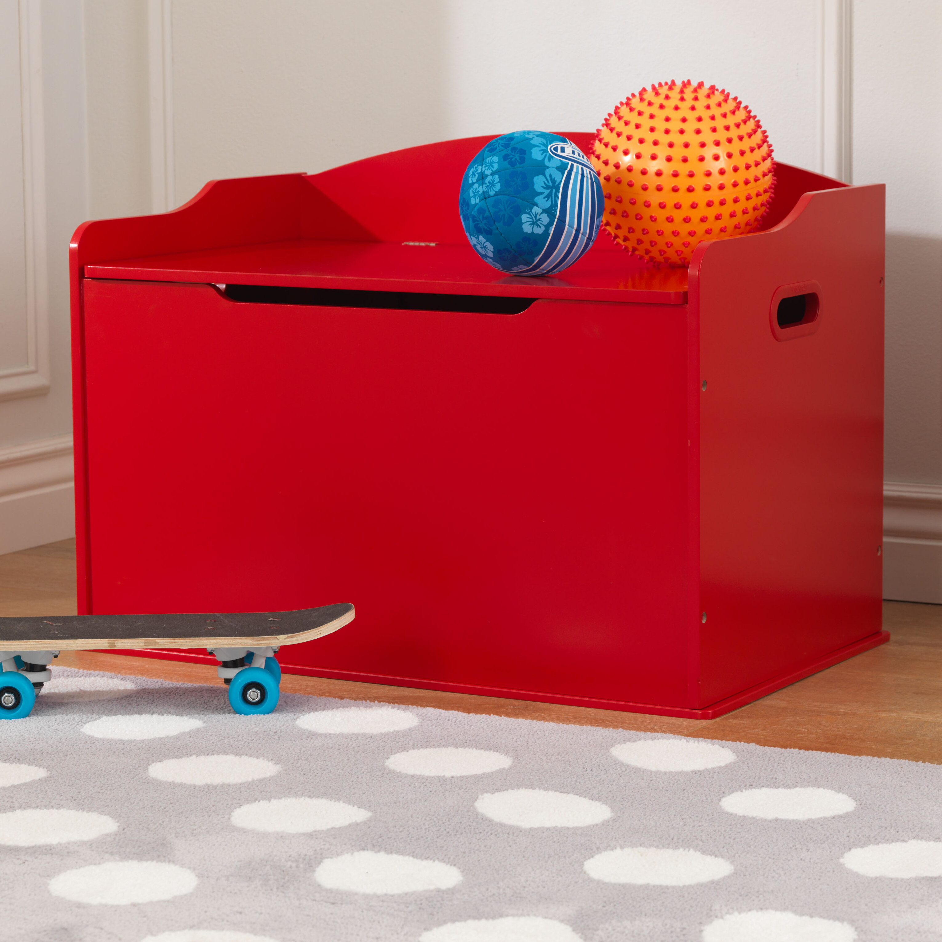 red wooden toy box