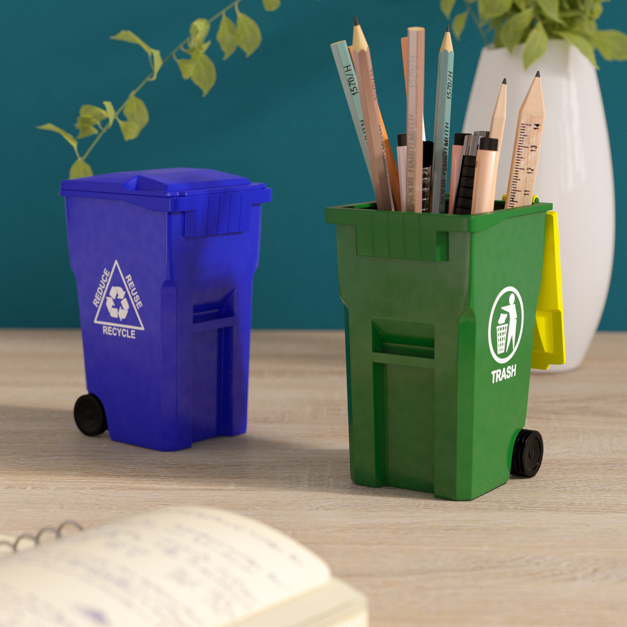 Mini Curbside Trash & Recycle Can Set Awesome Pen Holder With Lids SL 