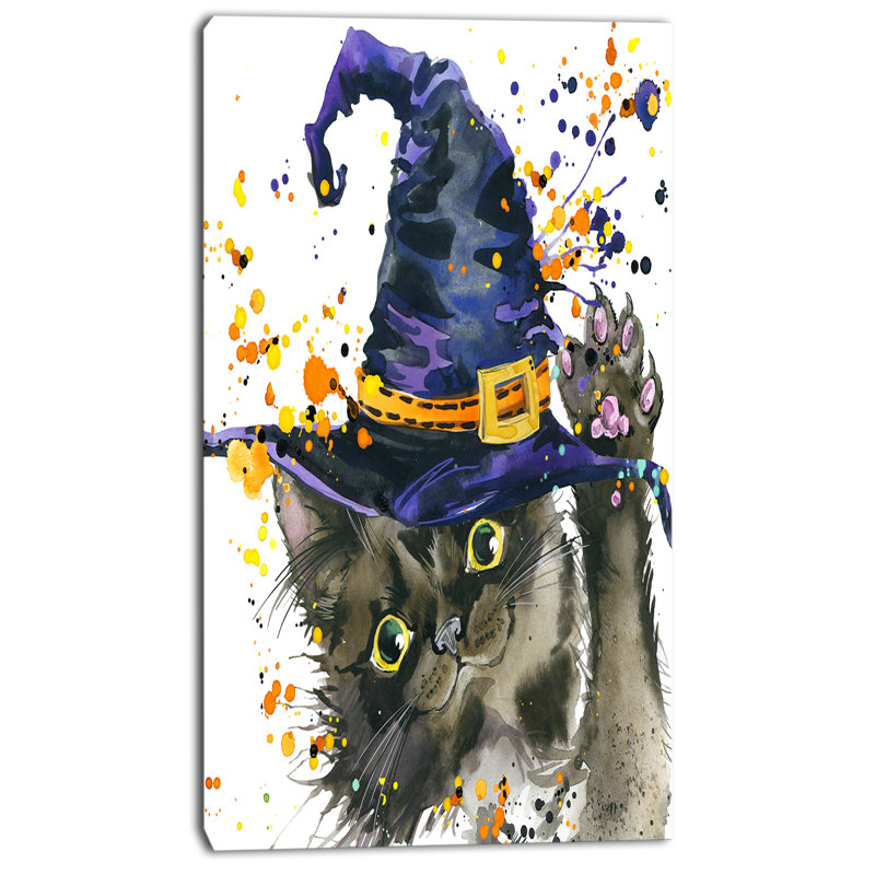 Designart Halloween Cat And Witch Hat Painting Print On Wrapped