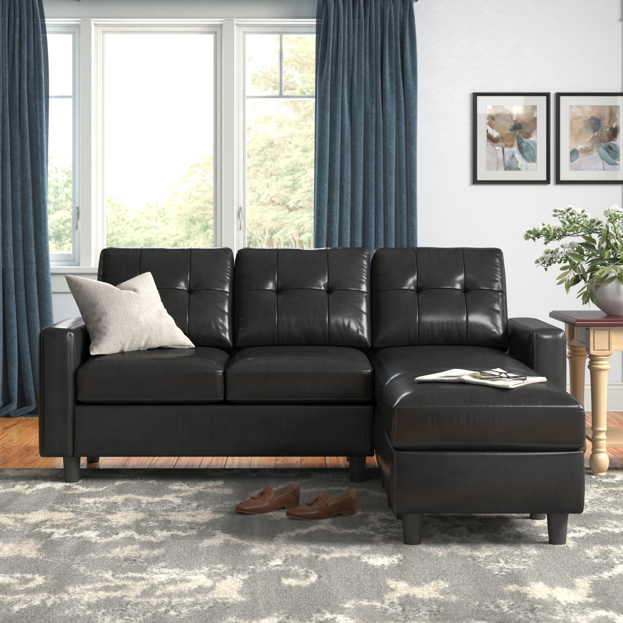 Campbelltown 78.5″ Wide Faux Leather Reversible Sofa & Chaise with Ottoman
