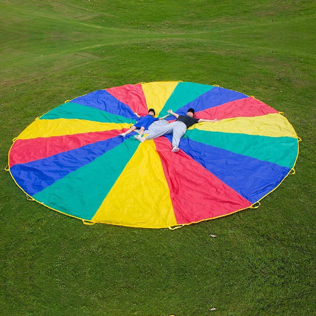 Everfunny Play Parachute Children 210T Rainbow Play Parachute 12 feet with 12 Handles for 3-8 Kids Play Games