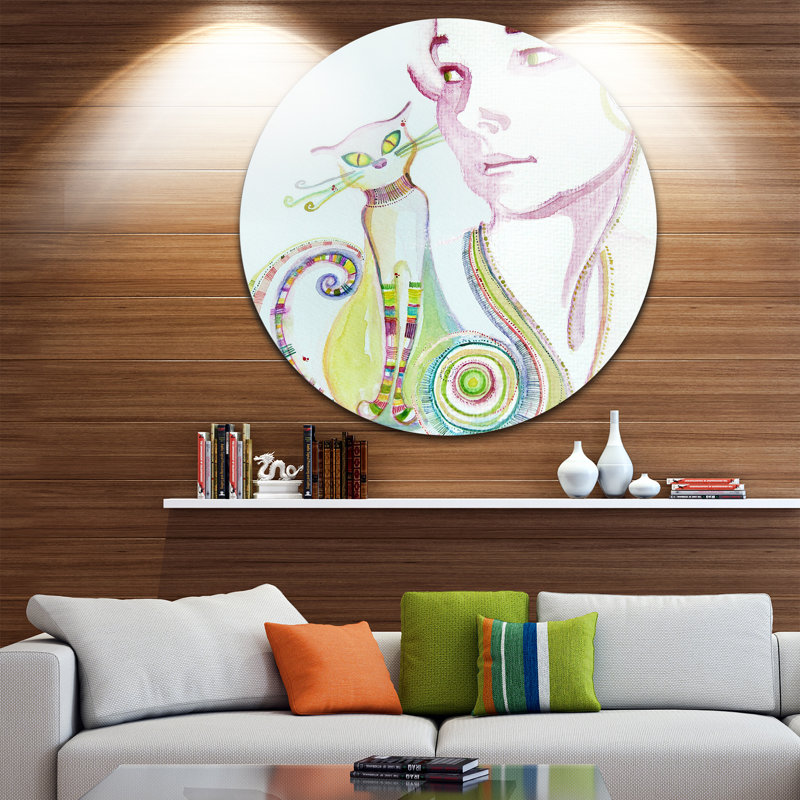 Designart Cute Girl With Cat Painting Print On Metal Wayfair