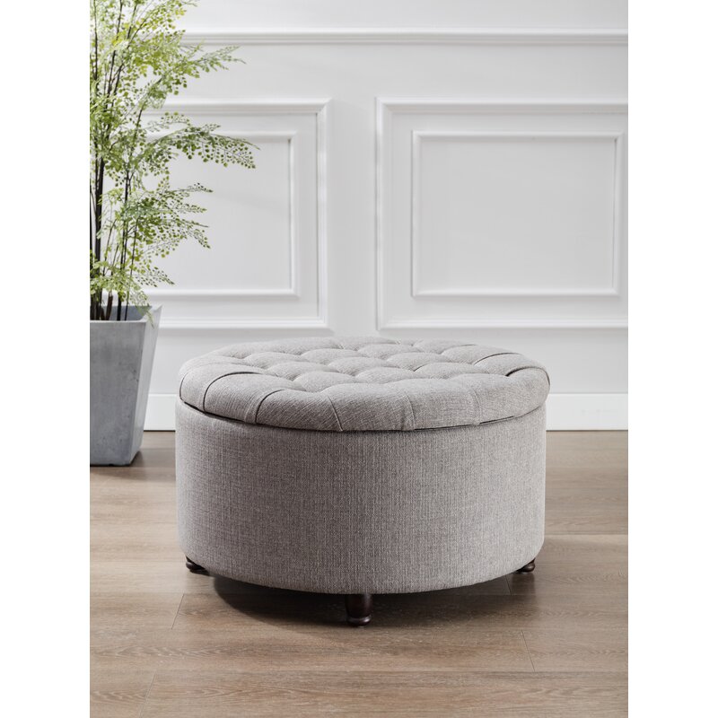 Winston Porter Large Round Pintucked Storage Ottoman Lift Off Lid Grey Reviews