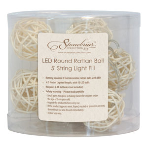 10 Light LED Round Rattan Ball 5' String Light Fill