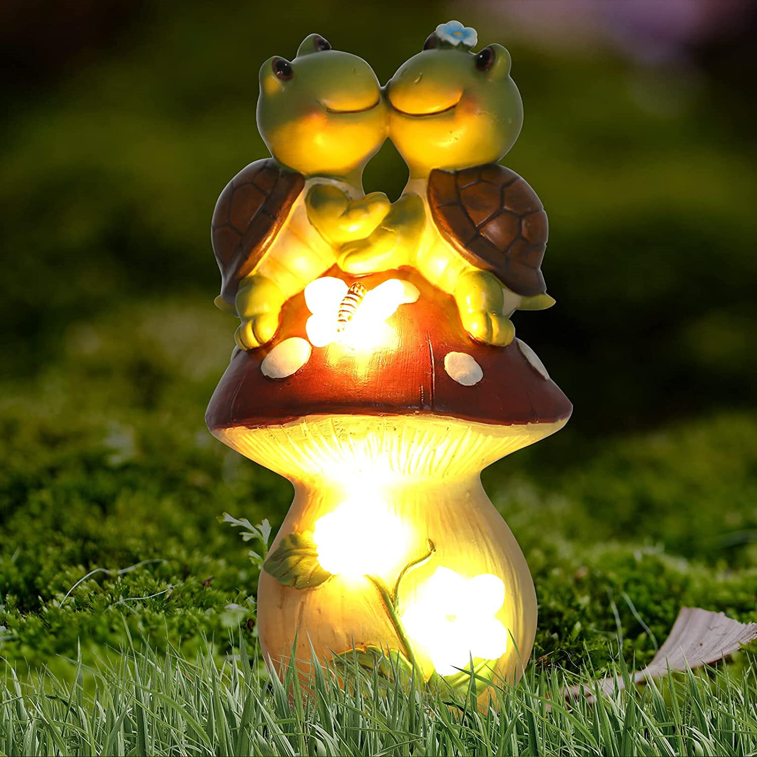 MUSHROOMS AND FLOWERS LARGE 10" OUTDOOR RESIN FIGURINE W/SOLAR LIGHT FREE SHIP 