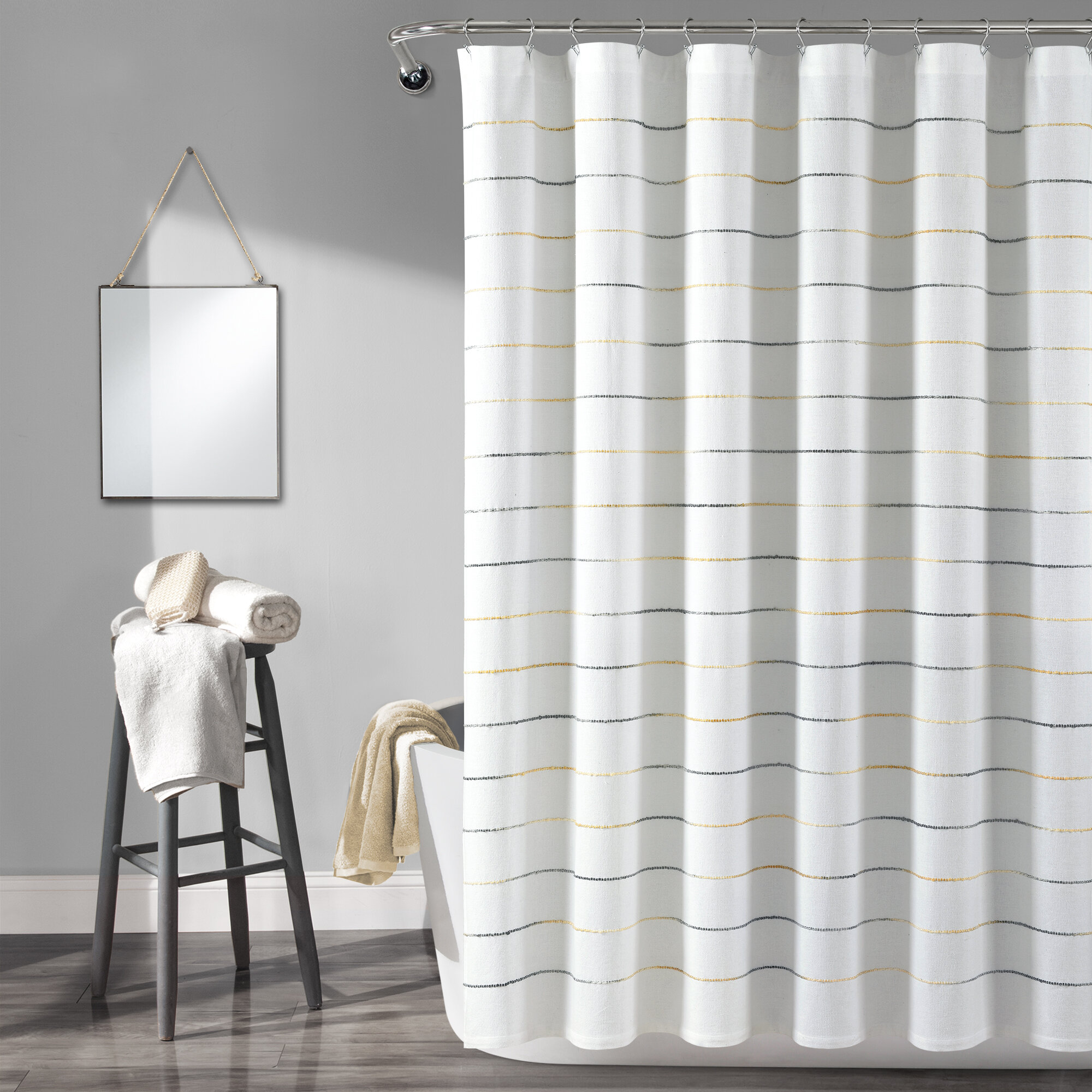 Yellow and Grey Chevron Pattern Shower Curtain Liner Bath Mat Waterproof Fabric