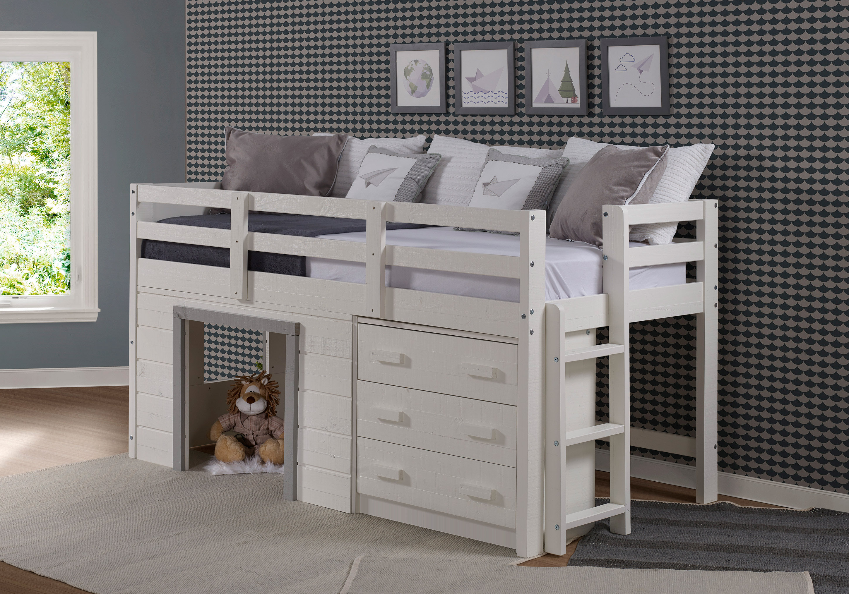 low loft bed with storage