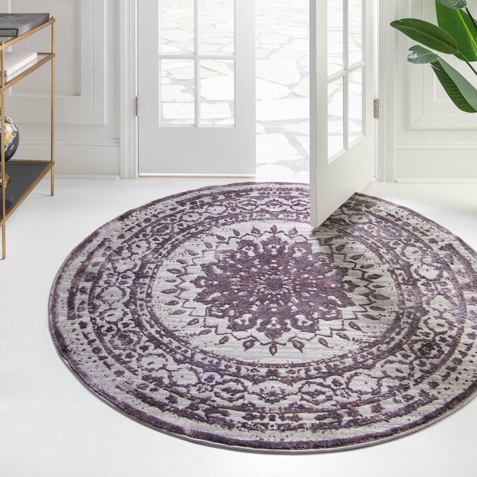 Purple Grey Contemporary Patchwork Rug Traditional Circle Round Dining Room Rugs 