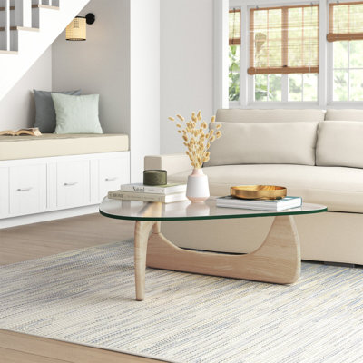 Incomplete Triangle Glass Coffee Table with Wooden Base Clear Glass Top Mid-Century Abstract Glass Table