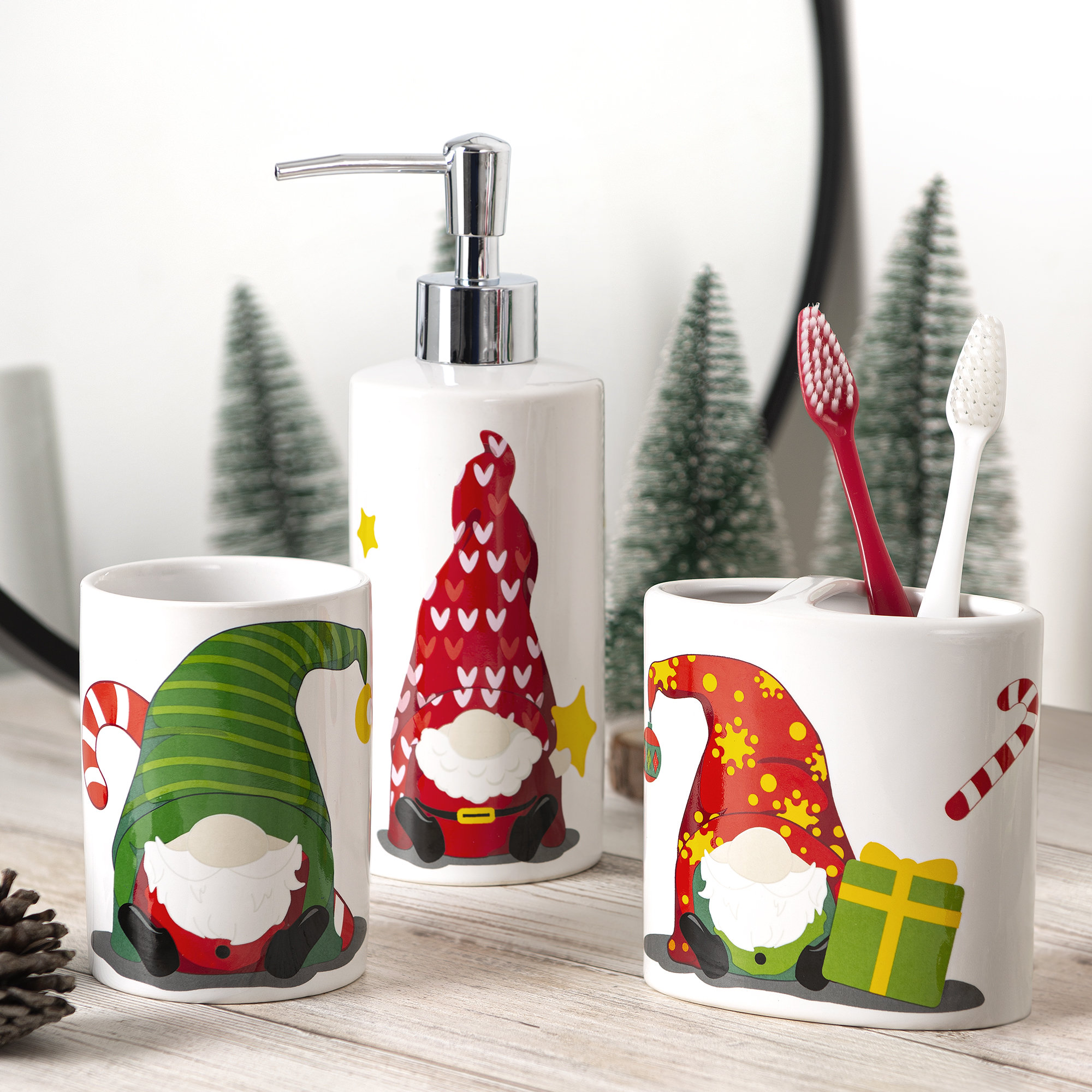 The Holiday Aisle® Destinyrose Gnomes 3 Piece Bathroom Accessory Set | Wayfair