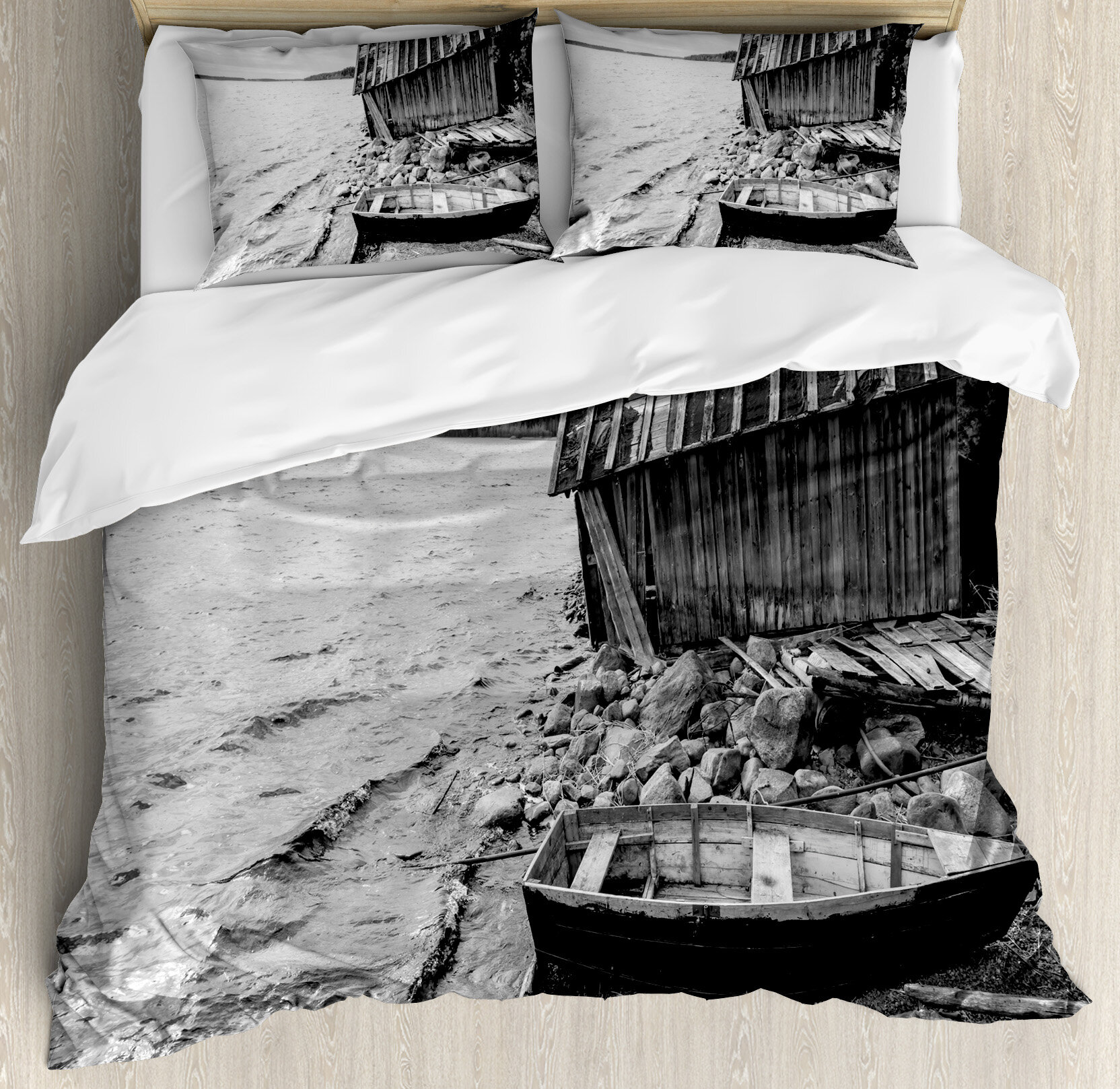 East Urban Home Black And White Decor King Size Duvet Cover Set Old Wooden Fishing Boat And Abandoned Barn On Lake Coastal Charm Picture Decorative 3 Piece Bedding Set With 2 Pillow