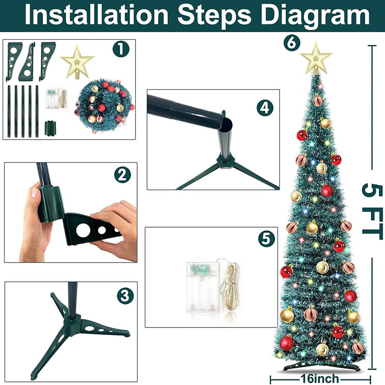 Pop Up Christmas Tinsel Tree With Timer 50 Color Lights Star,Pre-Lit  Christmas Tree Decoration With Ball Ornaments Battery Operated Xmas  Decoration ...