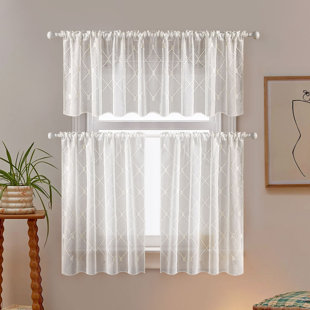 Micro-Check 2 Tone White Semi-Sheer Window Curtain Tiers or Swag Valance 