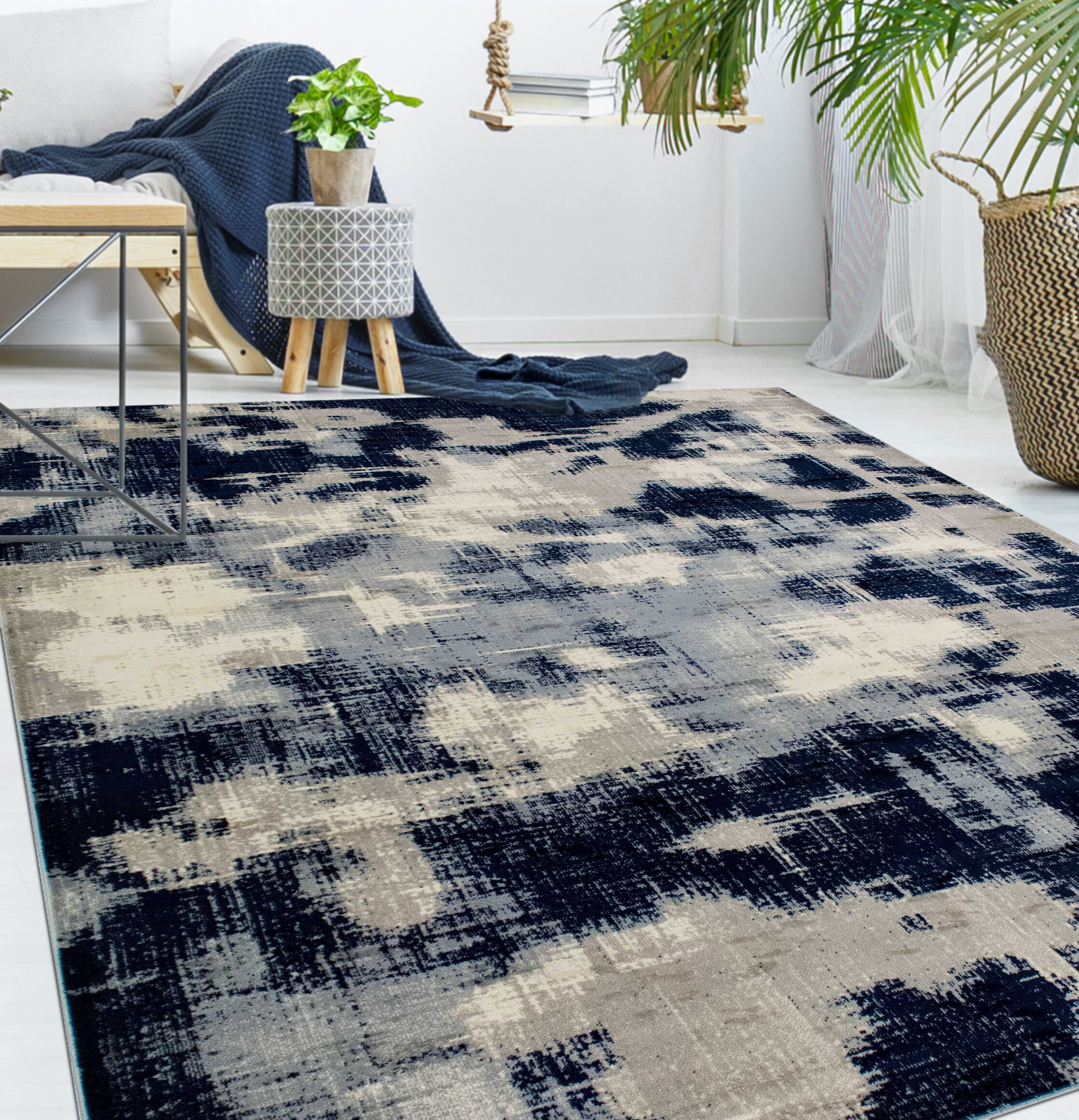 17 Stories Kelson Power Loom Performance Navy/Beige Rug & Reviews | Wayfair