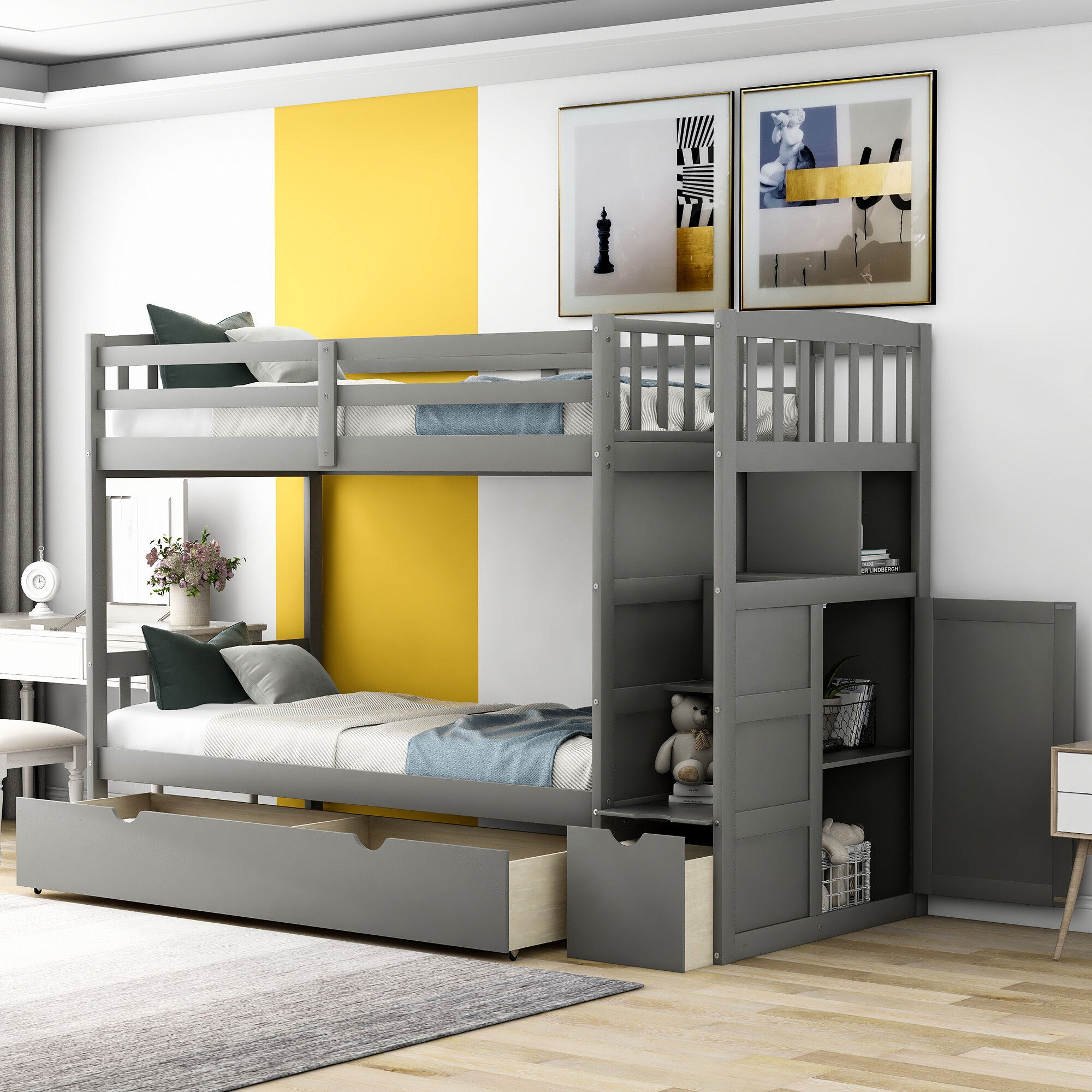 bunk bed with storage on top