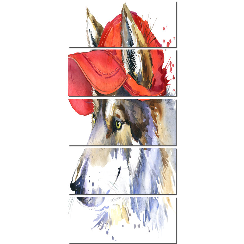 Designart Wolf With Red Cap Illustration 5 Piece Painting Print