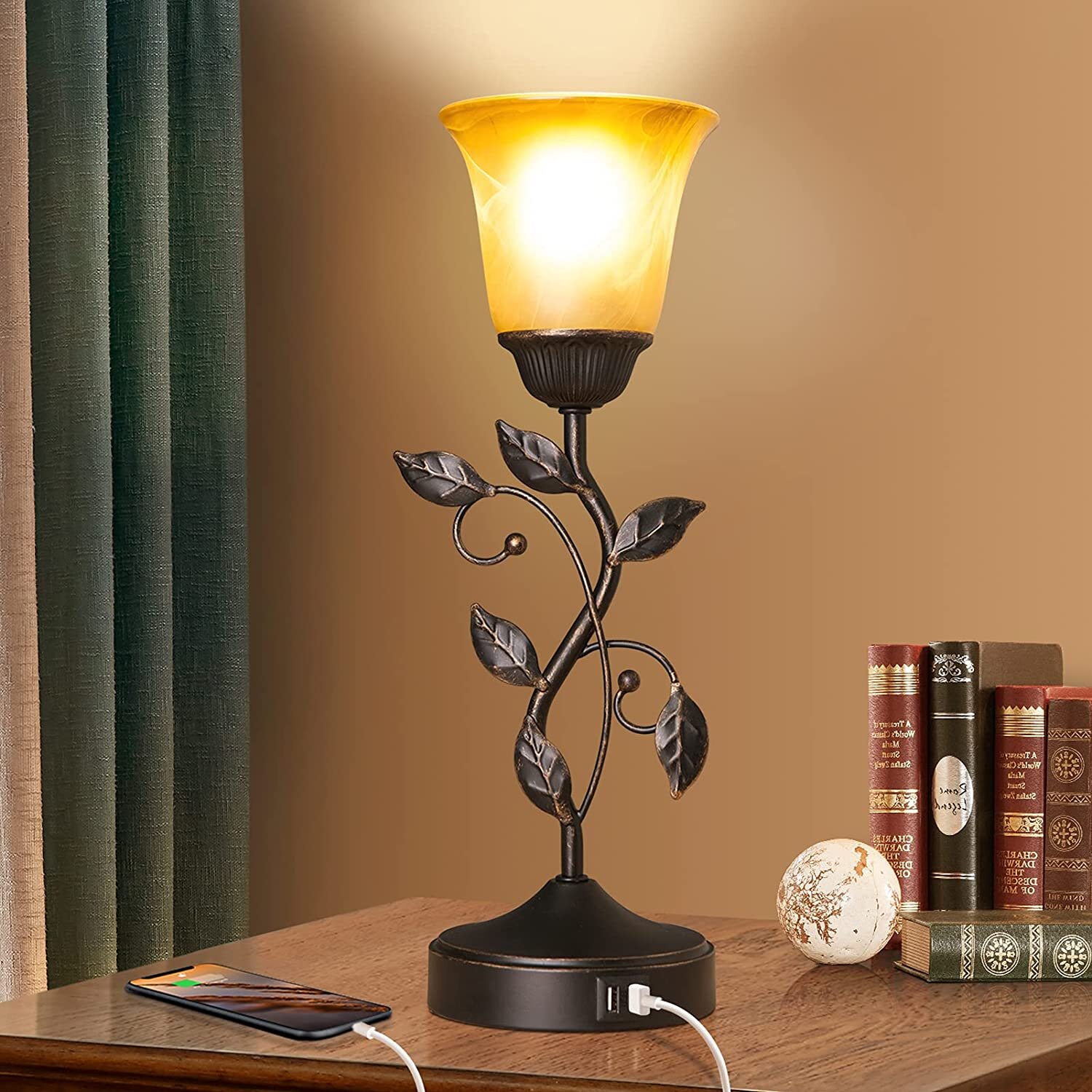 3-Way Dimmable Bedside Nightstand Lamps Bronze Touch Control Table Lamp with 2 USB Charging Ports Amber Glass Shade Vintage Rural Leaf Lamp for Living Room LED Bulb Included Bedroom Dresser 