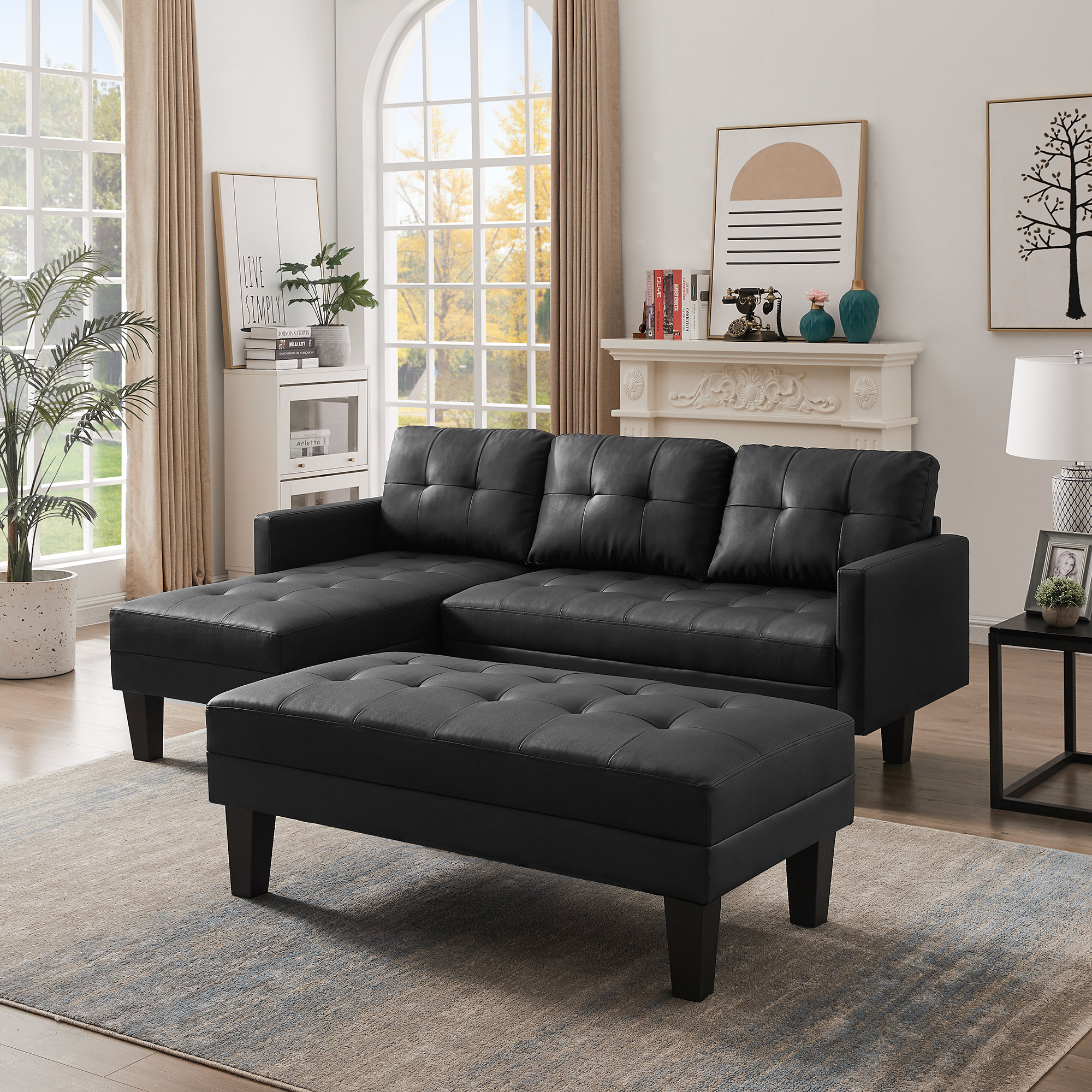 Latitude Run® 80.71" Wide Faux Leather Reversible Sofa & Chaise with Ottoman Wayfair