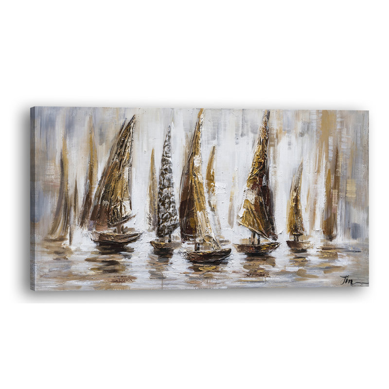 Highland Dunes Gold Sail Boats Oil Painting Print On Wrapped