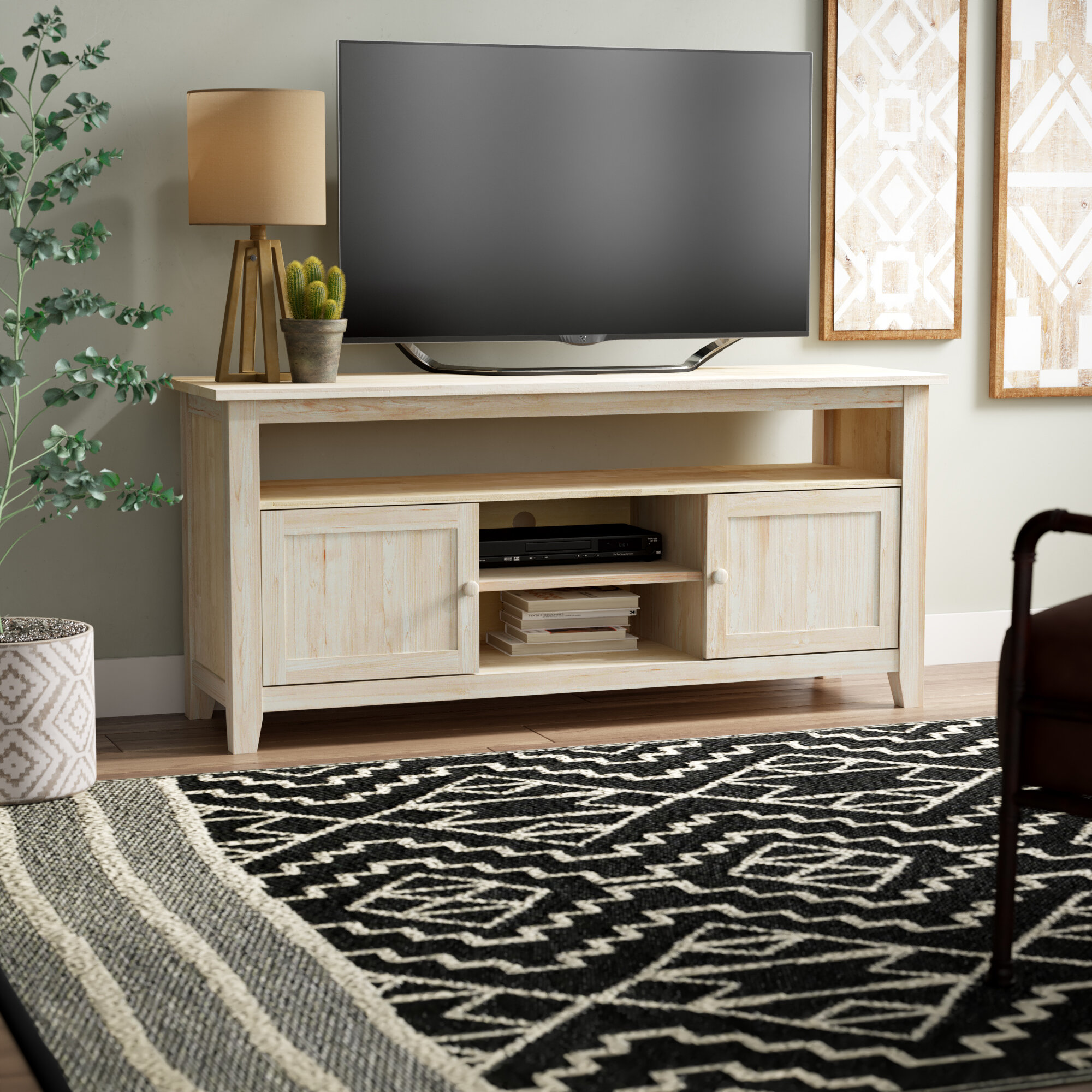 Q-Max SH1392 Q-Max Modern Natural Ivory Finish 48 High Wooden TV Stand 5 Open Compartments Natural Wood